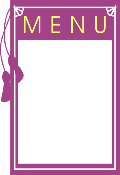 The image shows a menu sign with text that reads "MENU" on it against a purple background inside what appears to be an establishment like a restaurant or cafe.