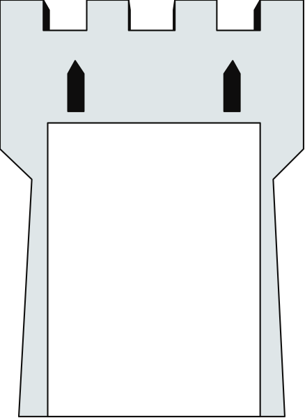 The image shows a castle with an open door on its left side against a gray background.