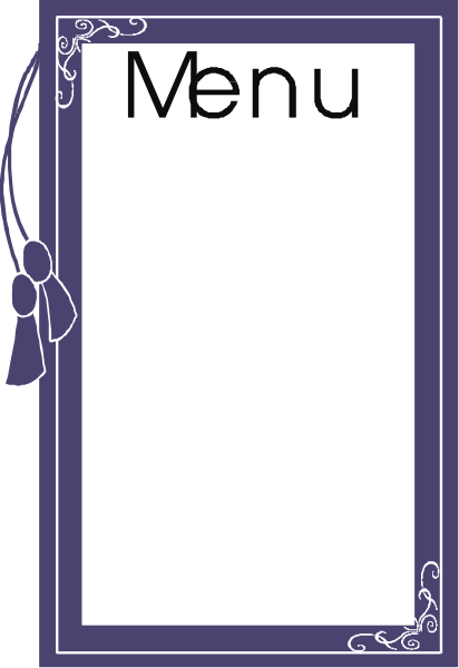 The image shows a menu with text that reads "MENU" at top right corner of white background inside black border; below it is an illustration of two hands holding up paper signs on either side to display items, and there's a small purple bow in center above them.