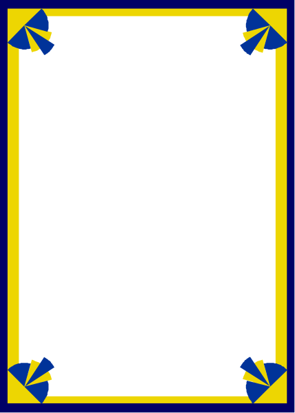 The image shows a blank white piece of paper with blue borders inside an envelope that has yellow corners adorned with small decorative elements in navy blue.