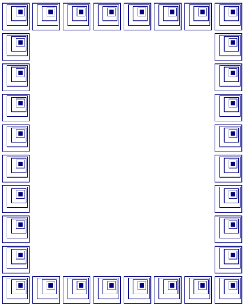 The image shows a black square with white squares arranged around it on all sides within an intricate blue border that resembles stylized leaves or flowers.