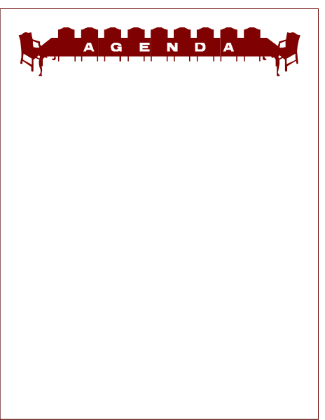 The image shows a black background with white text that reads "AGENDA" at the top center of an open book-like object in front of which there is a red chair on each side.
