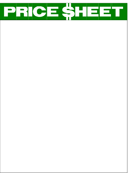 The image shows a price sheet with text that reads "PRICE SHEET" at the top right corner of an otherwise black background.