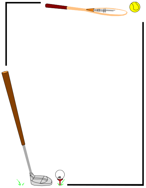 The image shows a cartoon depiction of various sports equipment: there's an ice hockey stick with puck on top left corner; in center right is golf club holding ball; bottom middle has baseball bat, and to its far right side, tennis racket leaning against wall.