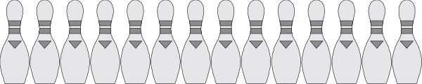 The image shows a long row of bowling pins with faces drawn on them to resemble human figures standing upright against a dark background.