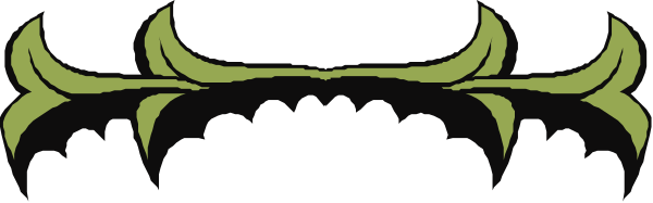 The image shows a black background with two green designs that resemble stylized leaves on either side of what appears to be an abstract pattern in between them; there is no text present within this clip-art graphic, and it has a simple yet decorative appearance without any specific objects or actions depicted.