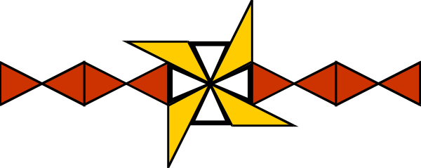 The image shows a digital illustration of an abstract design with geometric shapes resembling stylized trees on either side connected by what appears to be red lines forming a border around them; there is also a small, white star-like shape in between these elements at the center bottom part of the composition.