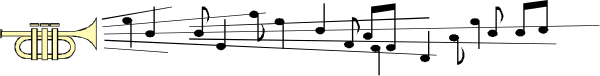 The image shows a trombone with music notes on it against a gray background.