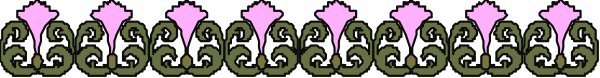 The image shows a gray background with pink flowers arranged along its length on both sides of what appears to be an abstract design in black at one end.