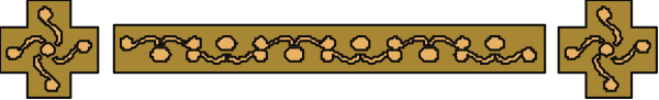 The image shows a pixelated representation of an old scroll with intricate designs on it, featuring what appears to be gold chains interspersed between decorative elements that could represent leaves or flowers in shades of brown and green against a gray background.