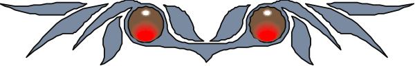 The image shows a closeup of an intricate design with two red eyes on either side at top center, resembling animal ears below them in black outline against a dark background.