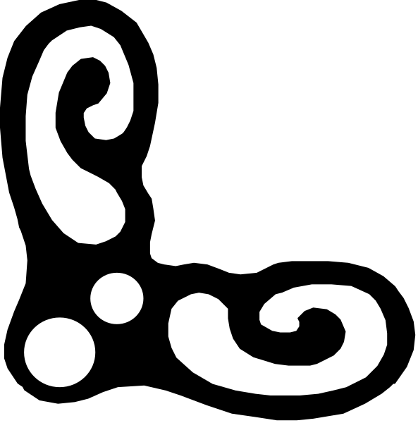 The image shows two black and white illustrations of a swirl pattern with different shapes within it: on top is an abstract design that resembles musical notes; below it appears to be a stylized representation of waves, possibly suggesting water movement or sound vibration patterns.