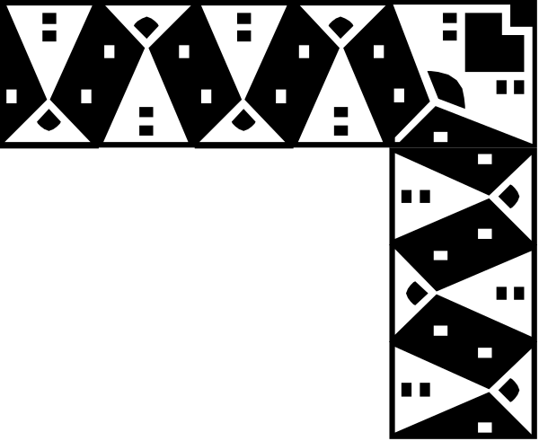 The image shows a black and white pixelated pattern that resembles an abstract design with geometric shapes such as squares and rectangles arranged in various orientations to create intricate patterns within what appears to be larger, irregularly shaped borders.