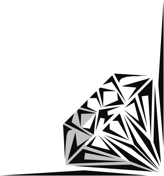 The image shows a black and white abstract design with geometric shapes resembling an object that could be interpreted as either a stylized building facade or possibly some sort of sculpture made up of triangles, rectangles, and lines in various sizes creating depth perception.