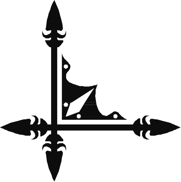 The black and white silhouette of a compass rose with four cardinal points marked by stars at each corner: north (top left), east (bottom right), south (left bottom) and west (right top).