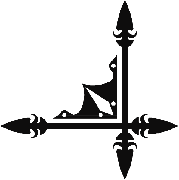 The black and white silhouette of a cross with four arms ending in spikes at each corner on an untextured background.