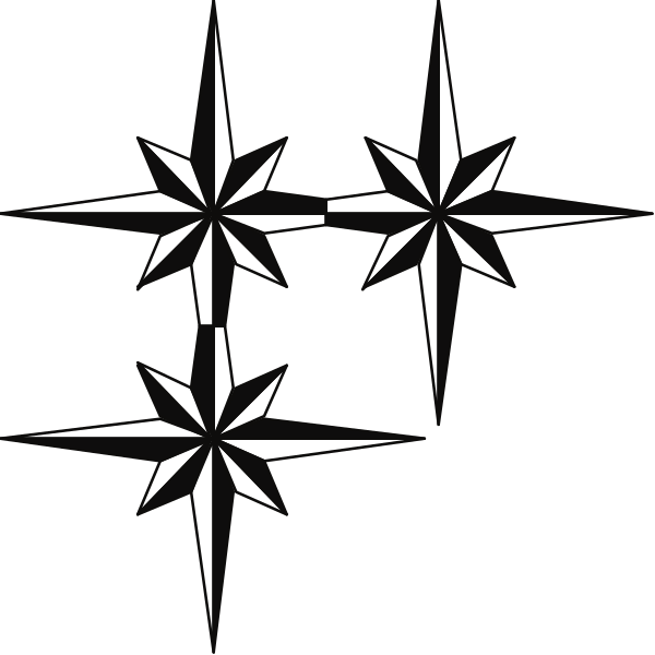 The black and white graphic features a collection of star shapes with varying sizes arranged to form an abstract pattern against a dark background.