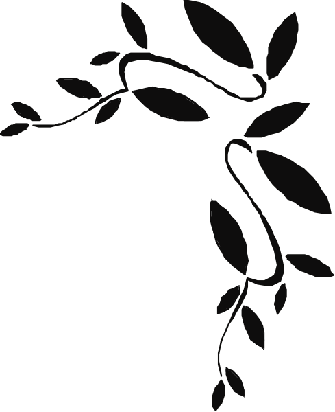The black and white graphic features a decorative border with leaves on either side of what appears to be an open book cover design in shades of gray.
