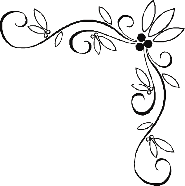 The black and white illustration features a decorative border with swirls on either side of an empty space that is framed by leaves at both ends.