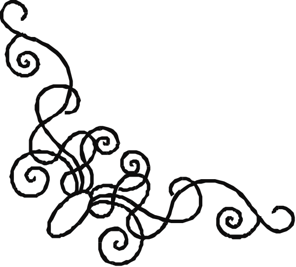 The black background features a white swirl design with an intricate pattern of curved lines that resemble stylized leaves at one end and possibly flowers on top.