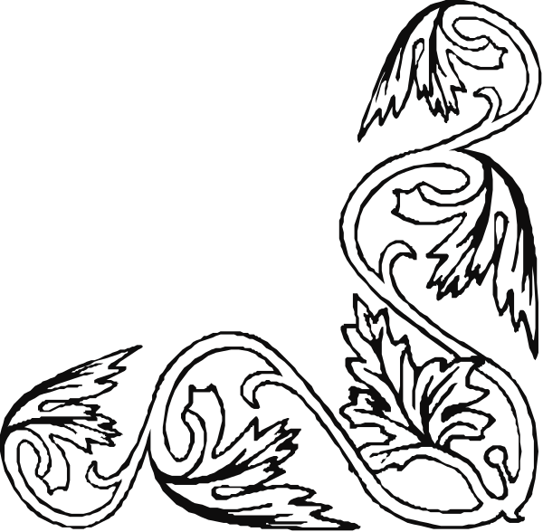 The black and white illustration depicts a stylized floral design with swirling patterns that resemble vines intertwining around each other in an intricate manner against a dark background.