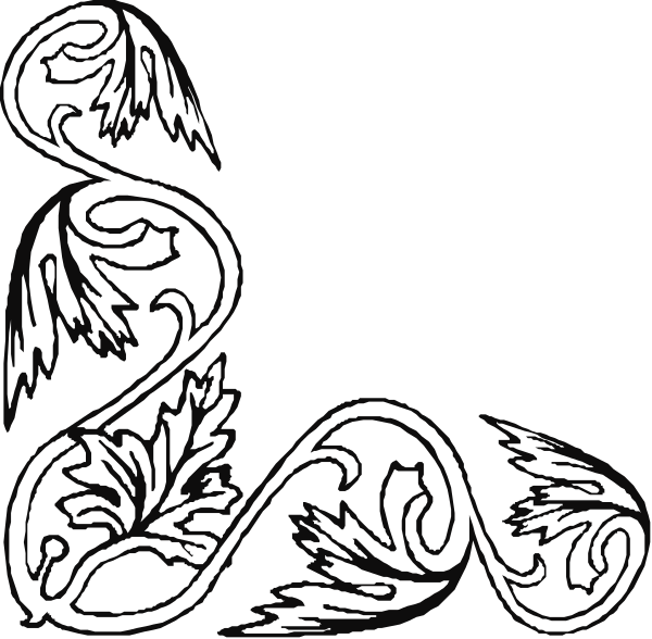 The black and white illustration features a stylized design with swirling patterns that resemble leaves on either side of what appears to be an abstract figure in between them; it is set against a solid background, possibly representing water due to its wavy nature.