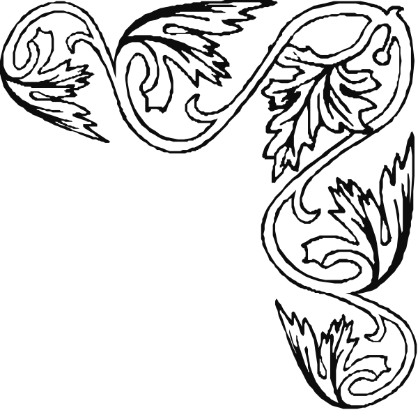 The black and white illustration features a decorative design with swirls and leaves on it.
