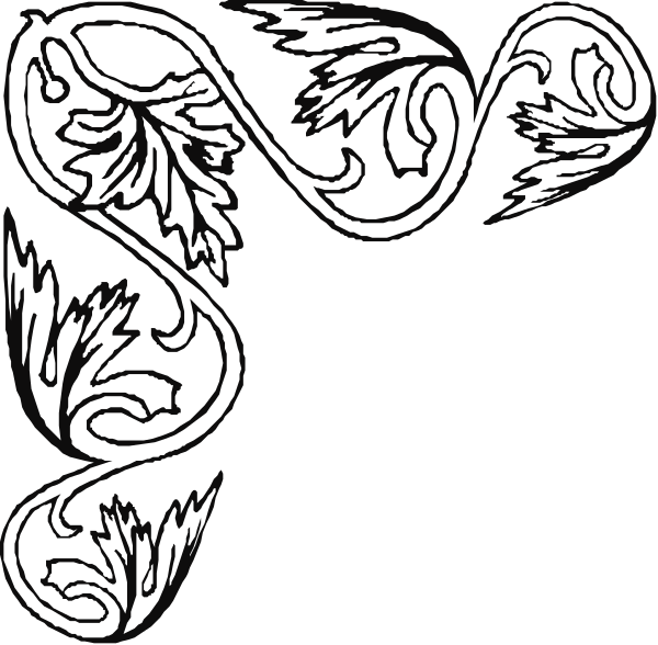 The black and white illustration features a decorative border with swirling patterns that resemble leaves on either side of an empty space in between them.