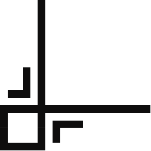 The black and white pixelated graphic shows a simple geometric design with four squares arranged to form an X shape against a dark background.