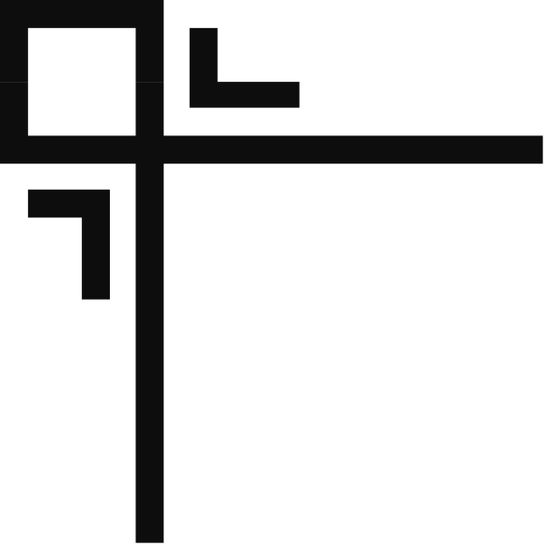 The image shows a simple black and white line drawing of an abstract cross with four lines intersecting at their ends to form two X shapes on either side against a dark background.