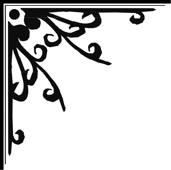 The black silhouette of a decorative border with swirls on either side against white background.