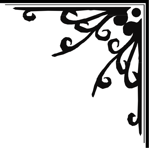 The black silhouette of a decorative border with swirls on either side against white background.