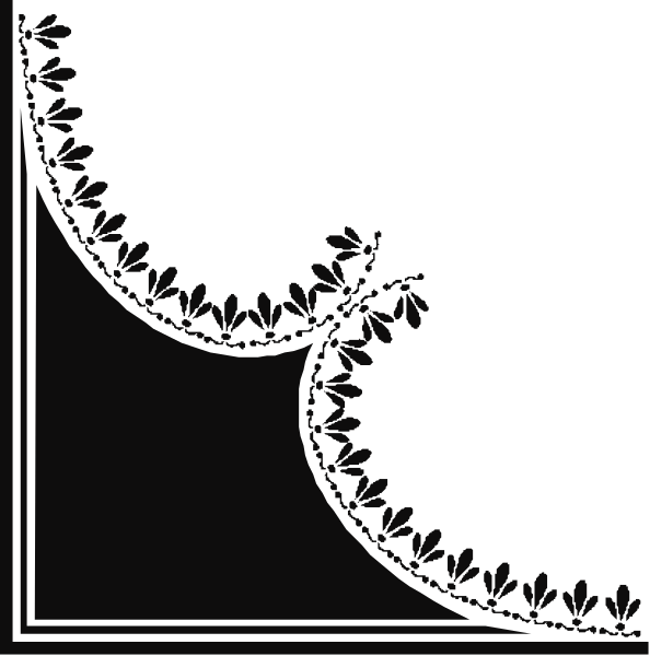 The image shows a black background with white decorative elements that resemble leaves at each corner of an open book cover design.