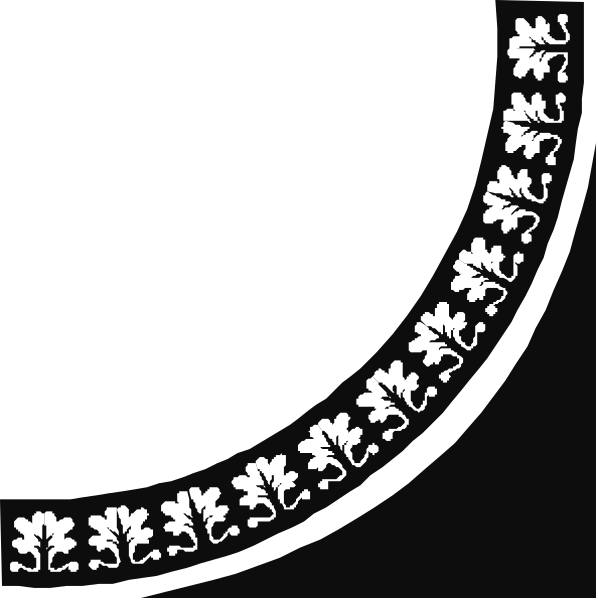 The black and white images show a decorative border with floral patterns on either side of an oval shape that resembles a wreath in between two circles at top corners; no people, animals, actions, setting details provided