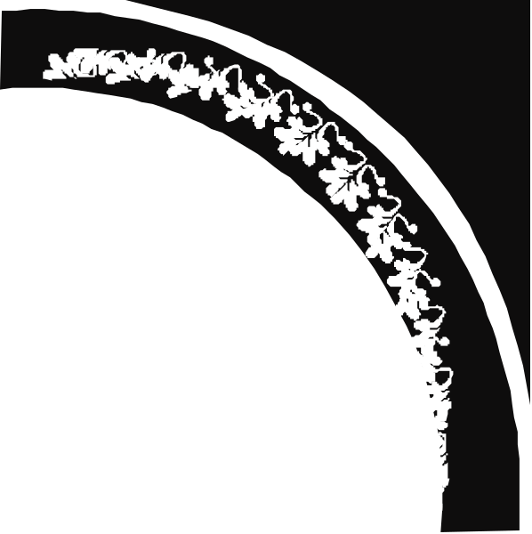 The black and white silhouette of a person's head with hair on top against an oval background that resembles a stylized archway.