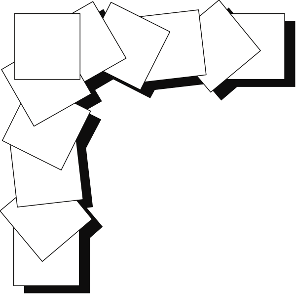 The black and white illustration shows a collection of papers scattered around an area with no clear shape resembling letters on it; there is also what appears to be a small archway made from these pieces of paper, suggesting that this could represent some form of signage or directional guidance within the context where such signs are typically found.