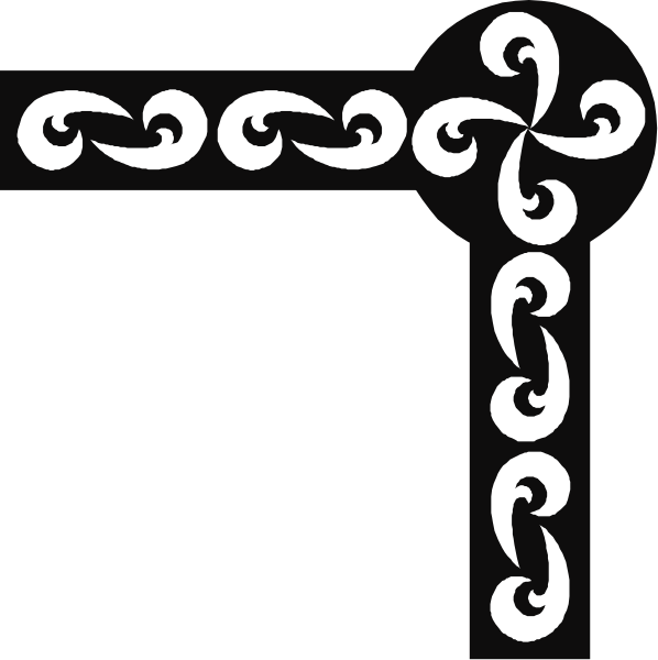 The black and white design features a cross with intricate patterns on either side of it.