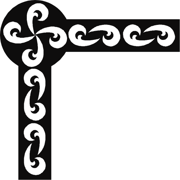 The black and white illustration shows a decorative border with swirling patterns on either side of an empty space that could be used for text entry in design software.