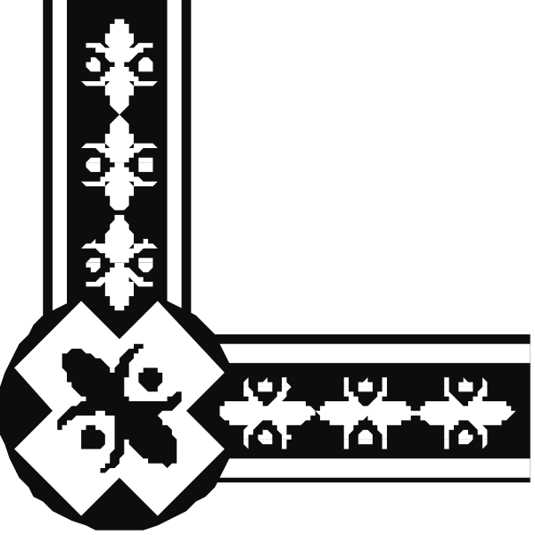 The black and white emblem features a shield with two crossed swords on either side of an anchor point at its center; above it is a banner that has three crosses in descending order from left to right, each one smaller than the previous.