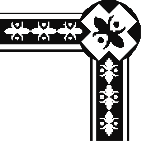 The image shows a black and white graphic of an emblem with decorative elements resembling stylized leaves on either side, connected by what appears to be ribbons at both ends forming a banner-like shape overlaid across it is another design that looks like a cross or flower.