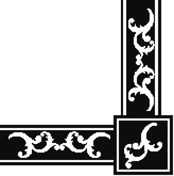 The image shows a black background with white decorative elements that resemble stylized swirls and patterns on both sides of what appears to be an open book cover in the center.