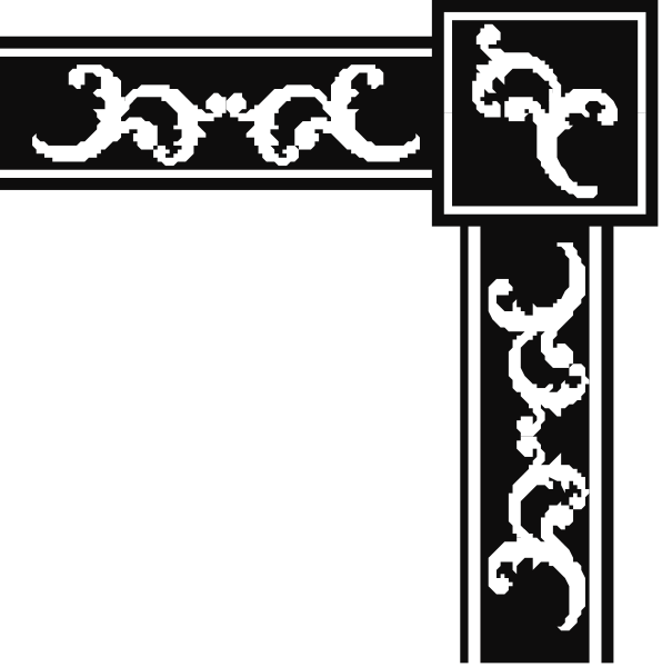 The image shows a black background with white decorative elements that resemble stylized swirls and patterns on either side of what appears to be an empty space in between them.