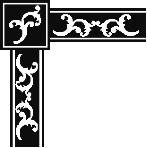 The image shows a black background with white decorative elements that resemble stylized lettering forming an abstract design on both sides of what appears to be a vertical line in the center.