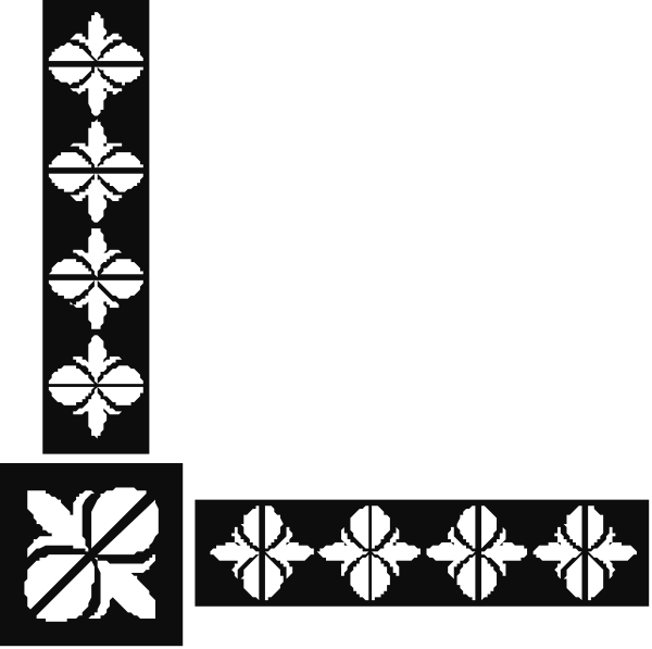 The black and white image shows a collection of geometric shapes including crosses, stars, flowers, hearts, leaves, and other decorative patterns arranged in an orderly manner on what appears to be a grid background with lines dividing each section.