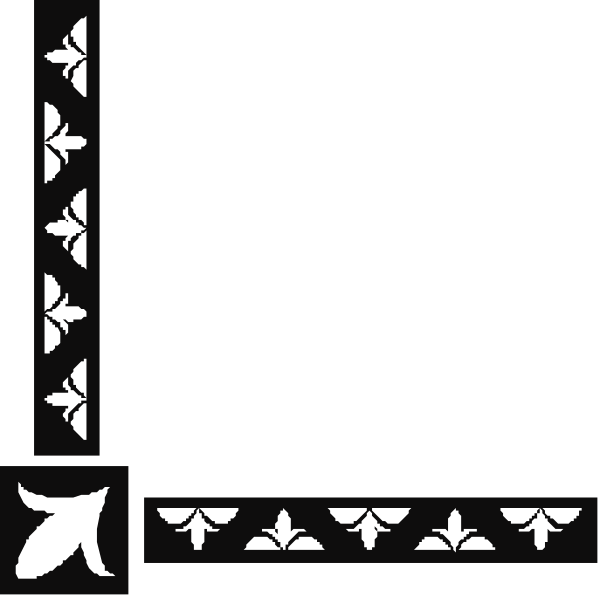 The black and white illustration shows a simple geometric design with decorative borders featuring stylized leaves on either side of an empty rectangle in the center.