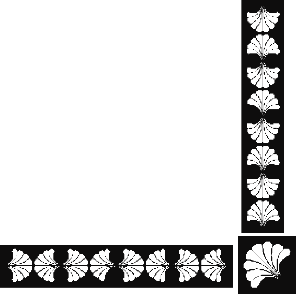 The black and white illustration shows a decorative border with intricate patterns resembling leaves on either side of an empty space in between them.