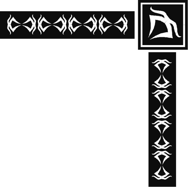 The image shows a black background with various white text elements that appear to be stylized fonts resembling graffiti tags; there is also an icon of what seems like a bird in flight at the top right corner, and below it appears to be some sort of emblem or logo.