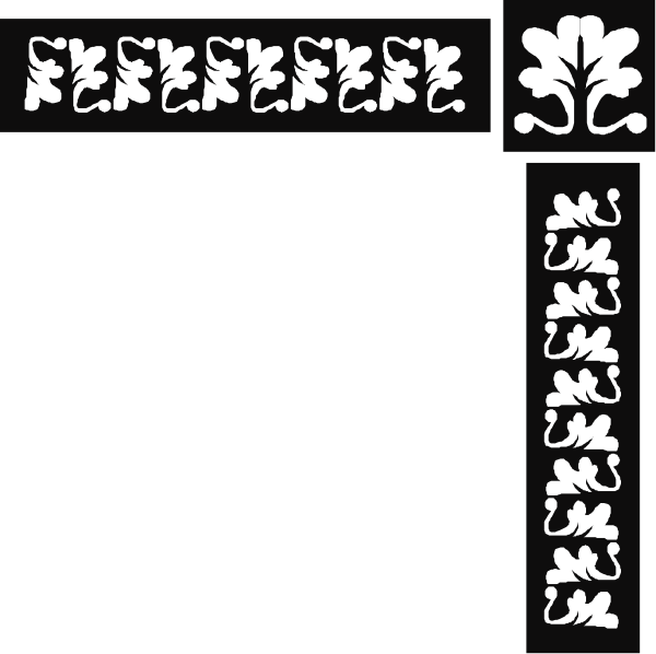 The black and white illustration shows a collection of stylized plant leaves with varying shapes and sizes arranged vertically on what appears to be an abstract background that includes geometric patterns in shades of gray.
