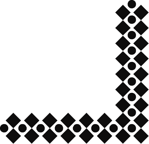The black and white tile pattern on a surface with dots forming an abstract design resembling a diamond shape at each corner of four squares in two rows against a dark background.
