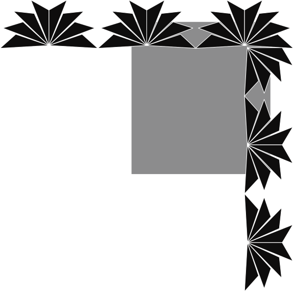 The image shows a black square with white lines forming an abstract design on its surface within what appears to be a larger graphic that includes geometric shapes resembling leaves in shades of gray against a dark background.
